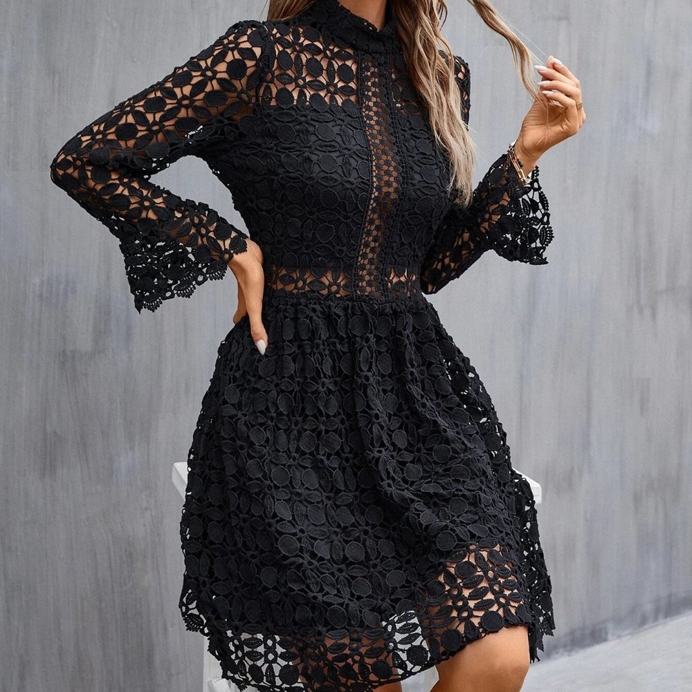 black Mock Neck Flounce Sleeve Lace Dress - Picture 9 of 10